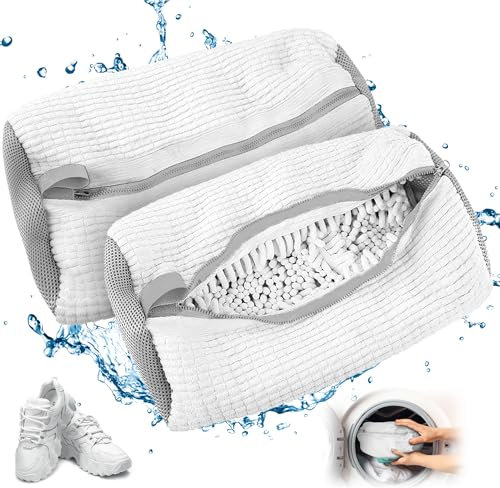 Sac Lavage Chaussures 2 Pièces, Lavage Chaussures à Machine à Laver, Réutilisables à Laver avec Fermeture Éclair et Nettoyage, Protégez vos Chaussures Contre les Dommages- Blanc
