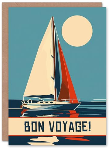 Artery8 Bon Voyage Sail Boat Sailing Calm Sea Graphic Blank For Him Or Her Art Farewell Card