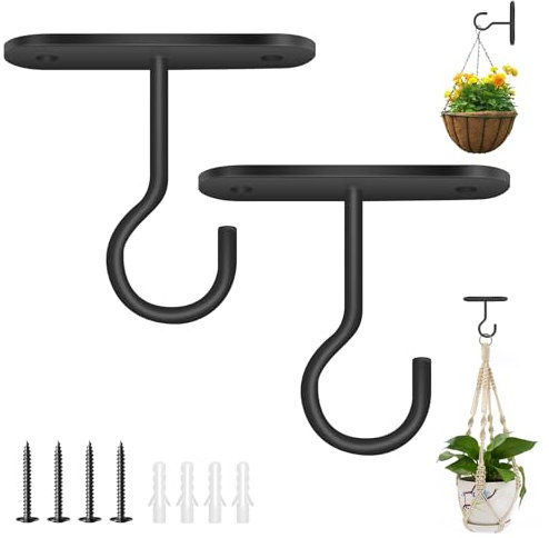 AMFUN 2 Pièces Supports de Panier à Suspendre Metal, Crochets Muraux Décoratifs D'extérieur, Métal Mur Crochet Swag pour Jardinières, Distributeur de Nourriture D'oiseaux, Lanternes(Noir-2.5in)