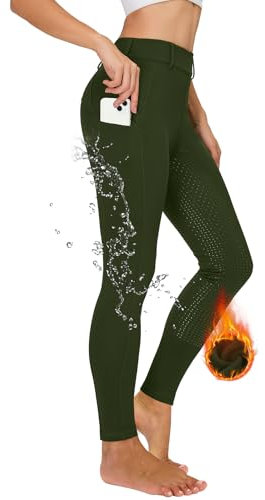 Havideto Winter Reitleggings Damen Vollbesatz Thermo Reithose Damen Fleece Gefüttert Wasserdicht mit Handytasche Gürtelschlaufen Grün S