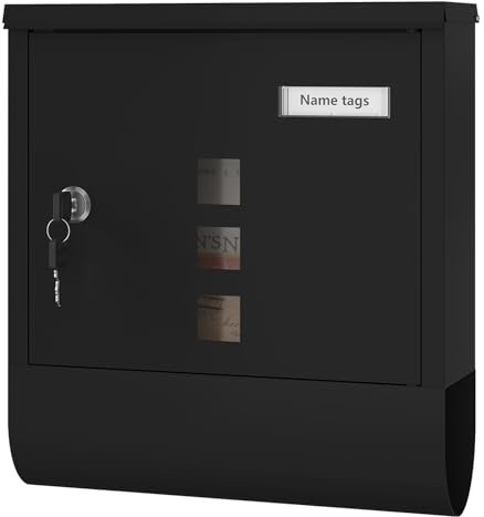 WOLTU Boîte aux Lettres, Boîte Postale avec Compartiment à Journaux, Fenêtres Transparentes, Porte-Nom, Verrouillable, avec 2 Clés, Moderne, Noir, 30,5x9x33,5 cm