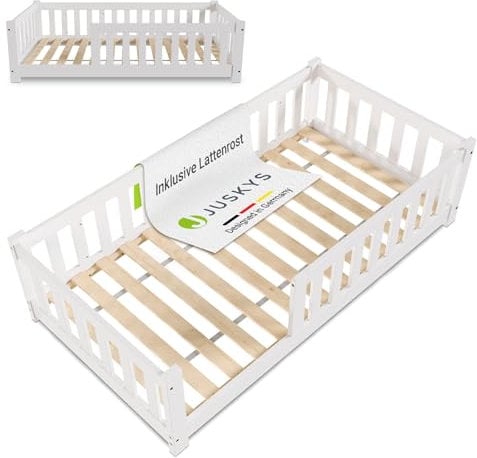 Juskys Kinderbett Naya - 80x160 cm Bett mit Rausfallschutz & Lattenrost - Holz Bodenbett für Kinder 3-10 Jahre - modernes Bettgestell Weiß