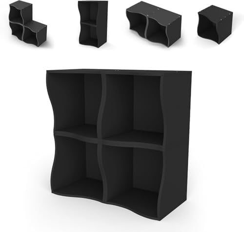 sarben Bücherregal, ModularesWürfelregal Standregal, Welliges Design, Frei Kombinierbar 4er Set Schwarzer Bücherschrank, Lagerregal für Büro, Arbeitszimmer, Wohnzimmer, Schlafzimmer