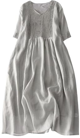 Vestido Midi Mujer Verano Manga Corta Cuello En v Casual Elegante Suelto Vestido Plisado Largo con Bolsillos, M, Gris Azulnco