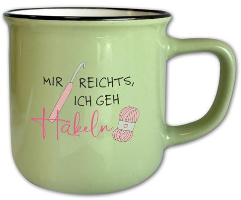 Vintage Tasse Grün mit Spruch T160 ″Mir reichts, ich geh Häkeln″ Keramik Motivtasse Wolle Stricken Häkeln Retro 330 ml
