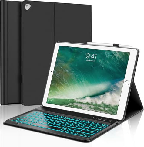 SENGBIRCH Coque Clavier pour iPad Pro 12.9 2015 1ère/2017 2ème Génération - AZERTY Français 7 Couleurs Rétro-éclairé Détachable Clavier, Étui pour iPad Pro 12.9 Pouces 2ème/1ère Gén 2017/2015, Noir