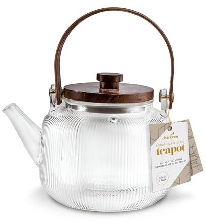 Charbrew 900ml Clear Glass Teapot with Infuser - Ribbed Borosilicate Glass, Wooden Lid & Handle - for Loose Leaf Tea, Teabags & Blooming Tea - Serves 4 Cups
