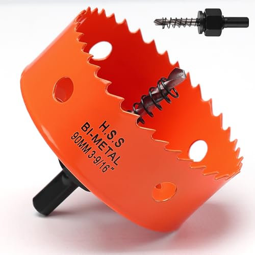Scie cloche - 90 mm - Orange - Acier rapide HSS M42 bi-métal - Scie cloche avec tige hexagonale et foret avec profondeur de coupe de 35 mm - Pour bois, construction sèche et tôle métallique