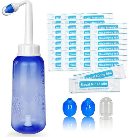 SAMLINSU Neti Pot Kit, Sinus Rinse Bottle 300ml, 40 Nasal Wash Salt Packets and Sticker Thermometer, Nose Wash Cleaner Pressure Rinse Nasal Irrigation for Adult & Kid BPA Free