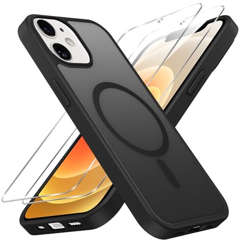 Knrlqim Coque Magnétique pour iPhone 12 pro/12 avec 2 Verre Trempé,Compatible avec MagSafe,Etui Translucide Mat Arrière Housse Antichoc Case iPhone 12/12 Pro 6.1,Noir