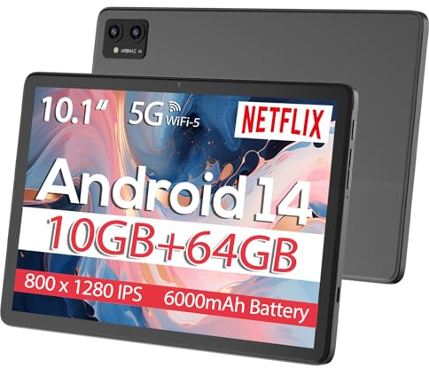 DigiLand 2025 Tablets, 10.1 Inch Android 14 Tablet, Octa-Core, 10GB RAM + 64GB ROM, 6000mAh Battery, 800 * 1280 IPS, Dual Camera, Wi-Fi 5, BT 5.0, Grey