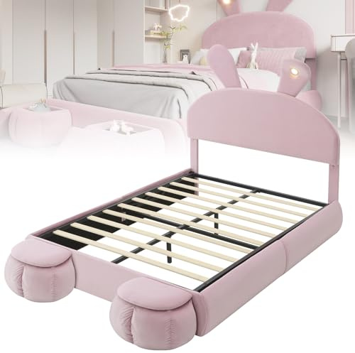 Polsterbett 90/140x200cm Doppelbett mit 2 Aufbewahrungshockern und Lattenrost,ausklappbare Hasenohren Kopfteil Bett mit LED-Beleuchtung,Mädchenbett Jugendbett Rückenlehne,Pink-140cm*200cm