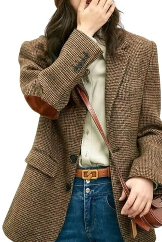 CHARTOU Women Fall Winter Plaid Blazer Jacket Coat Wool Lapel Single Breasted Casual Business Outwear Shacket(Small,Brown)