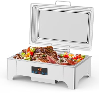 Electric Chafing Dish, 9QT Full Size Touch Screen Chafing Dishes for Buffet Roll Top Set Food Servers and Warmer with Glass Lid for Catering, Parties, Weddings, Silver