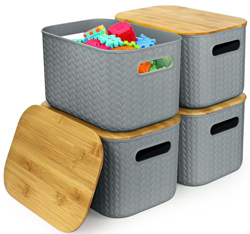 RWFMO 4 Pcs Plastic Grey Storage Baskets with Bamboo Lid for Bathroom | Stackable Design, Wicker Storage Boxes with Handle for Home Kitchen, Office and Wardrobe, 24 x 16.5 x 15.5cm