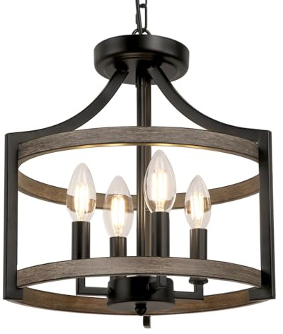 KMaiPem 4 Lichter Kronleuchter Vintage, Schwarz mit Holzoptik-Oberfläche | Höhenverstellbar, E14, Kronleuchter Modern Landhausstil Rustikal, Metall, umwandelbare Deckenlampe Wohnzimmer, Schlafzimmer