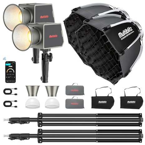 Multiblitz Juego de 2X luz LED 100B con 2X FT-8051 trípode y 2X Octagon Softbox Ø 40 cm
