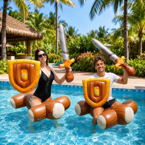 Set de Duelo Acuático Hinchable para Adultos, 6 Piezas con 2 Asientos Flotantes, 2 Espadas Hinchables y 2 Escudos, Actividad de Piscina para Adultos y Fiestas de Verano