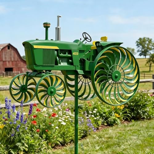 Zaqeio Traktor Windspiel aus Metall, Grün Traktor Gartenstecker, Wetterfest & Rostfrei Garten Windrad Windmühle mit Drehenden Rädern, Attraktive Dekorative Windskulptur für Garten & Terrasse