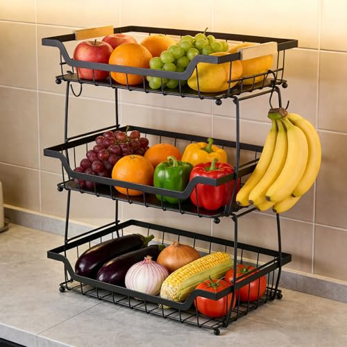 sudatong Frutero con 2 ganchos para plátanos y 2 almohadillas protectoras, estante de almacenamiento de metal negro para frutas, soporte de almacenamiento, organizador independiente para encimera de