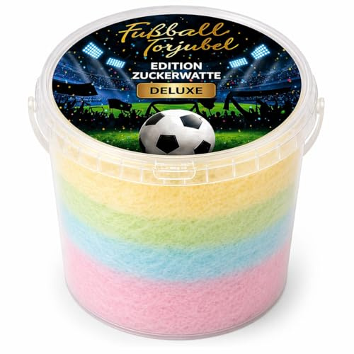 Fussball Torjubel Zuckerwatte DELUXE im Eimer – Frühlingsedition bunt mit Mix-Geschmack, 50 g – Süßes Geschenk für Party, Stadionfeeling & Geburtstag