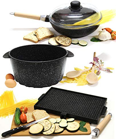 SIRIO Set Batterie di Pentole Alluminio pressofuso in Pietra Lavica Antiaderente Completa di 6 Pezzi Set Padelle Black Made in Italy