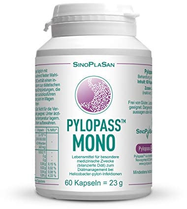 Pylopass MONO 200mg, 60 Kapseln, zum Diätmanagement bei Helicobacter Pylori Infektionen, hochdosiert, vegan, laktosefrei, glutenfrei, qualitätsüberwacht