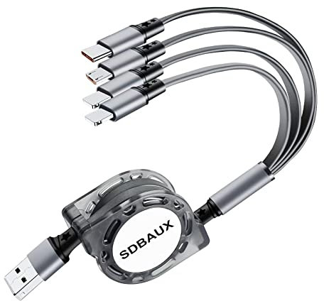 Multi Charger Cable 1M 3A, 4 in 1 Retractable USB Fast Charging Cord with Micro USB Type C 2*iP Cable Connector for Phone, Android Samsung Galaxy, Huawei, Nexus, Moto, LG, Sony, Xiaomi, PS5, Pixel