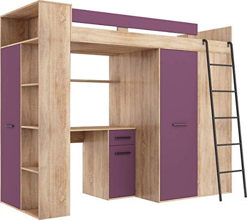 Hochbett mit Schreibtisch, Kleiderschrank und Bücherregal - Loftbett für Kinder - Komplettes Möbelset 236x120x190 cm - 90x200 cm Bettgröße - Rechte Leiter - VERANA - (Eiche Sonoma/Violett)