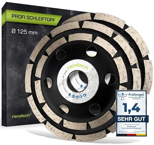 2x Profi Diamant Schleiftopf 125 mm für Beton, Stein, Fliesenkleber uvm. - Beton Schleifscheibe 125mm für Winkelschleifer | rendech® Markenqualität