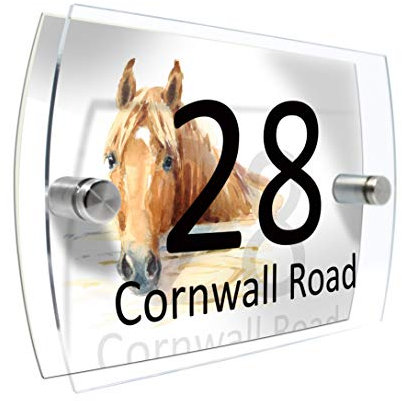 Colourbat Watercolour Animals Personalised Modern House number Sign Name and Number Street Wall Plaque (Horse)