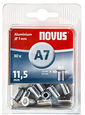 Novus 045-0076 A7 Blindnietmutter Ø7 mm Aluminium, 30 Nietmuttern, M5 Gewinde, 11.5 mm Länge, für Kunststoff und Leichtbaumaterial, Silber