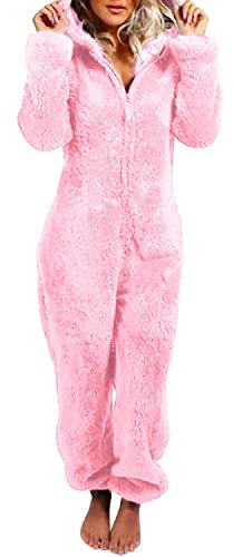 Petalum Combinaison Pyjama Femme Barboteuse Polaire Capuche Vêtement Nuit Adulte Costume Chaud Loungewear Douce Onesie Pajama Women Sleepwear Jumpsuit Pilou Pilou (Rose, Taille 48 (4XL))