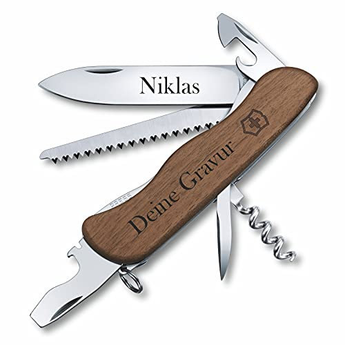 Victorinox Taschenmesser Forester Wood aus Holz mit Gravur I Geschenk für Männer Frauen I zum Geburtstag I Schweizer personalisiert Griff Klinge (Gravur auf der Klinge)