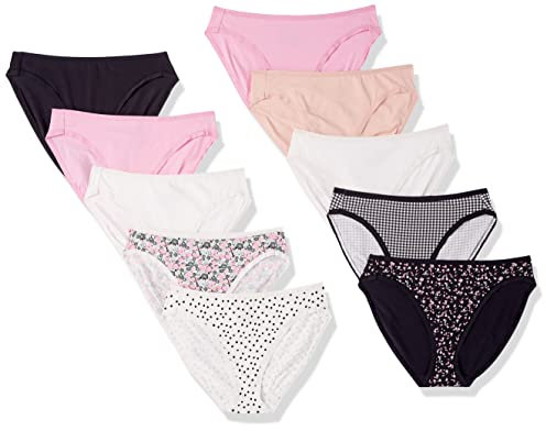 Amazon Essentials Culotte en Coton Taille Haute (Disponible en Grande Taille), Respirant Femme, Lot de 10, Fleuri/Multicolore/Points/À Carreaux, 44
