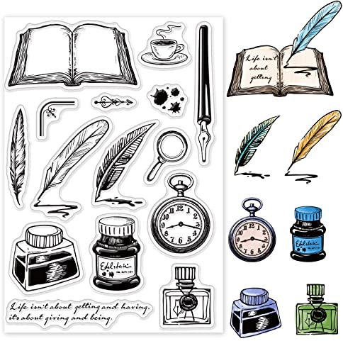 GLOBLELAND Vintage Weltbuchtag Transparente Stempel für Scrapbooking Quill Pen Klare Stamps Tintenflasche Silikonstempel Für Kartengestaltung DIY Prägung Journaling
