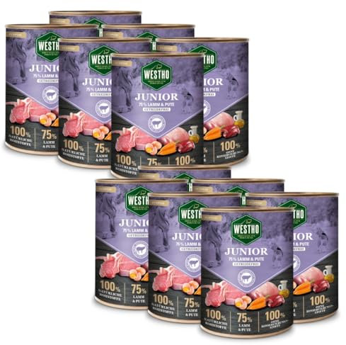 Hundefutter Nassfutter Junior (12 x 800g) | 75% Weidelamm und Pute in Lebensmittelqualität | Getreidefrei | Für Welpen und Junghunde Aller Rassen | Gesundes Wachstum