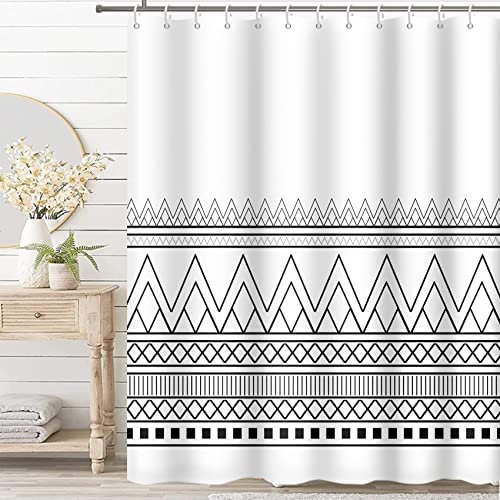MIRRORANG Rideau de Douche Boho Tribal Rayé Blanc avec 12 Crochets,Rideau de Douche Géométrique Moderne pour Salle de Bain,100% Polyester,183x183cm