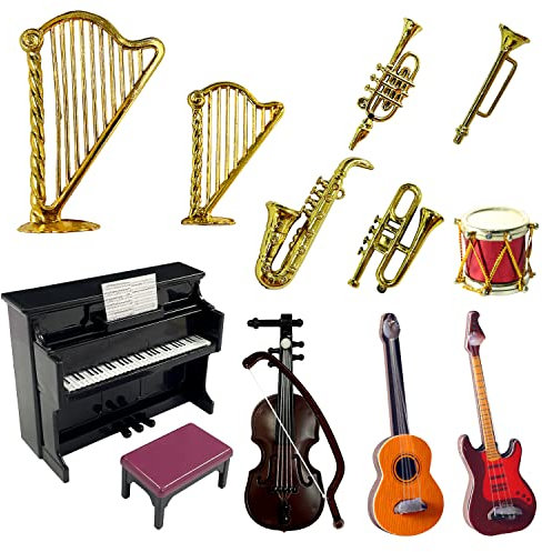13 modèles d'instruments de musique miniatures, mini jeux d'instruments de musique mignons et intéressants, modèles d'instruments de musique en plastique tels que guitares, pianos, batterie, etc.