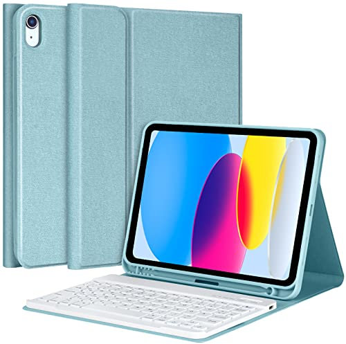 aMZCaSE Tastatur Hülle für iPad 10. Generation 2022,Tastatur Hülle für iPad 10,9 Zoll 2022 mit Abnehmbarer kabelloser Bluetooth-Tastaturhülle mit Stifthalter, QWERTZ (Himmelblau)