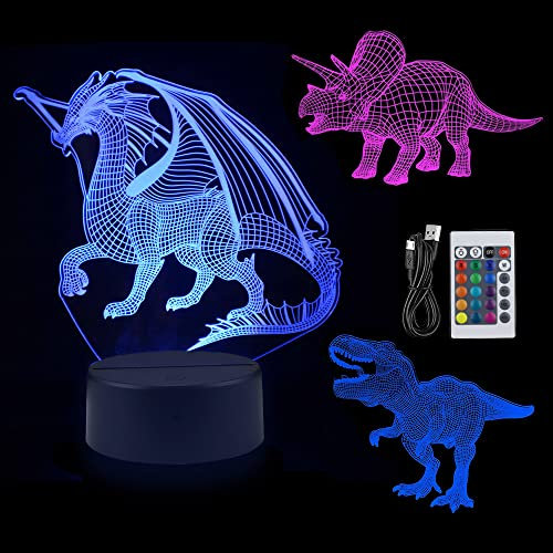 BouGPeng 3D Dinosaurier Nachtlicht 3PCS T-Rex Dinosaurier 3D Nachtlicht mit Fernbedienung 16 Farbwechsel-Dekortisch Lampe Dinosaurier Geschenke für Kinder Jungen zum Geburtstag Weihnachten
