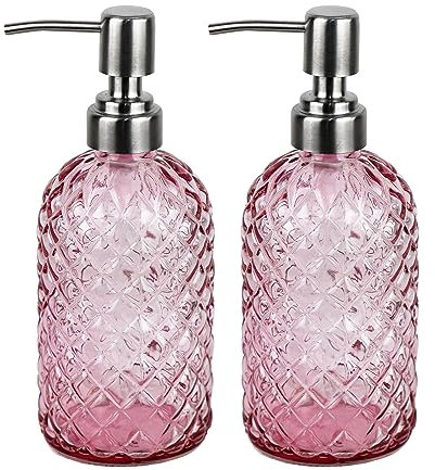 Lot de 2 distributeurs de savon en verre pour salle de bain et cuisine avec pompe en acier inoxydable 304 (rose)
