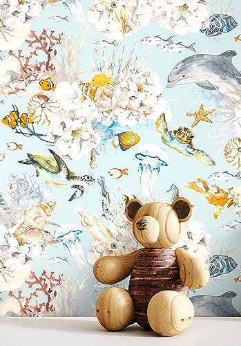 NEWROOM Tapete Blau Vliestapete Korallen - Kindertapete Kinder Gelb Weiß Unterwasserwelt Fische Jugendtapete Verspielt Babytapete inkl. Tapezier-Ratgeber