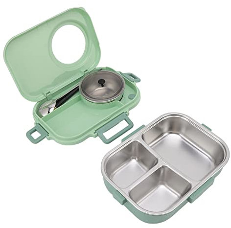 Lunchbox, 3 Fächer, Isolierte Lunchbox Mit Besteck Und Suppenschüssel, Auslaufsichere Lunchbehälter Für Kinder, Erwachsene, Schule, Büro, Picknick(Grün)