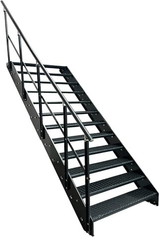 Kaminbau Mierzwa Premium Stahl Treppe mit Geländer links komplett Anthrazit RAL 7016/12 Stufen (Breite 1200 mm) (Höhe 228 cm) Wetterfest Gitterroststufe Gartentreppe