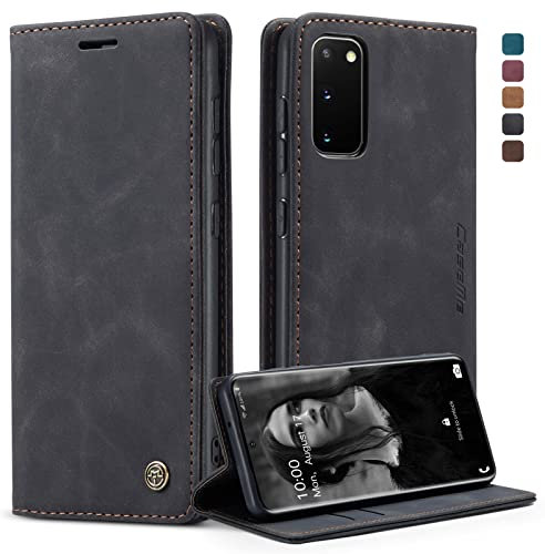 owlhold Handyhülle für Samsung Galaxy S20 5G Hülle, Premium Lederhülle Weiches Vintage-Nubukleder Faltbare Ständer Klapphülle Kartenfach Standfunktion stoßfest Schutzhülle für Samsung S20 5G -Schwarz