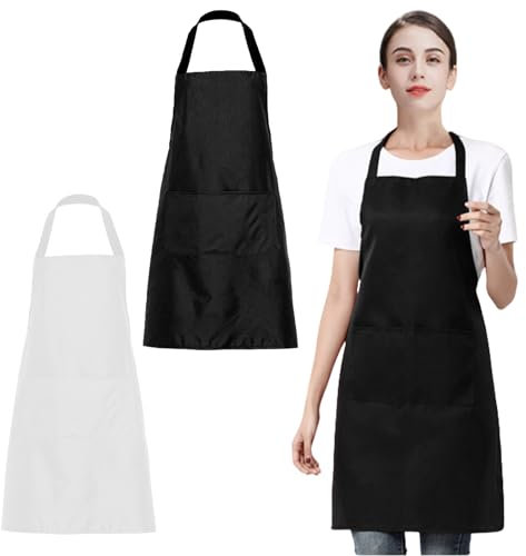 EUPSIIU 2 Stücke Verstellbare Schürze mit 2 Taschen, Küchenschürzen für Männer Damen, Kochschürze für Die Küche für Küche, Restaurant, Café, Backen, Malen, Hausarbeit, Grillen (Schwarz, Weiß)