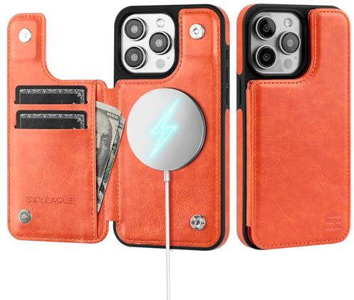 SkyEagle for iPhone 13 Pro Wallet Case,【Compatible with Magsafe】 Women Men PU Leather Flip Folio Protective Cover Credit Card Slots Kickstand RFID Blocking,for Apple 13 Pro,Orange