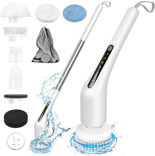 FIYAPOO Cepillo Electrico Limpieza Hogar, Cepillo Limpieza Hogar Giratoria con 8 Cabezales de Cepillo Intercambiables y Mango Ajustable para Baño, Cocina, Automóvil, Piso, Inodoro, Ventana