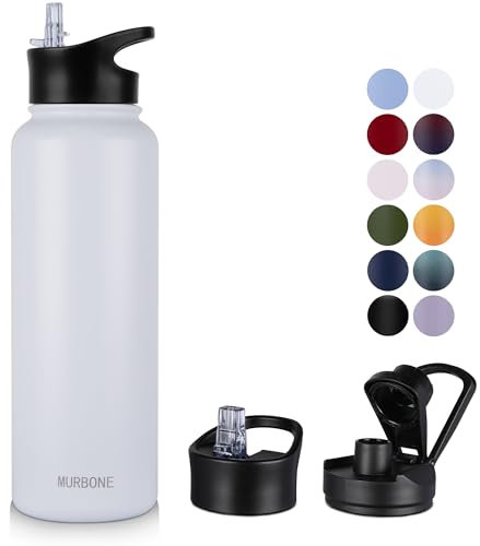 MURBONE Insulated Water Bottle, 1.2L Stainless Steel Drink Flask with Straw, BPA Free, 2 Lids (Straw Lid and Spout Lid), Leakproof Double Walled Vacuum Water Bottle, White